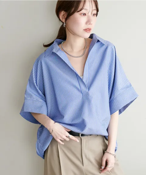 【Noka】衿付きスキッパー半袖シャツ