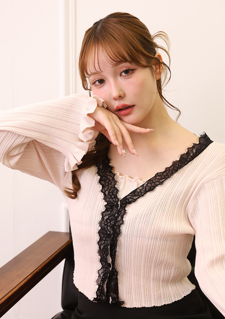 レース付きリブカーディガン x レース付きニットビスチェ | ワンアフターアナザー ナイスクラップ