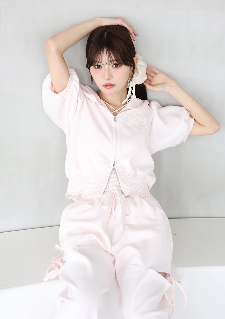 レースロゴ刺繡半袖ラメパーカー