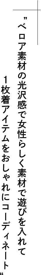 ベロア素材の光沢感で女性らしく素材で遊びを入れて１枚着アイテムをおしゃれにコーディネート